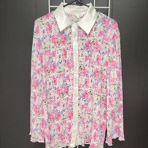 Love & Harmony Floral Button-Up Blouse with Satin Trim, Large